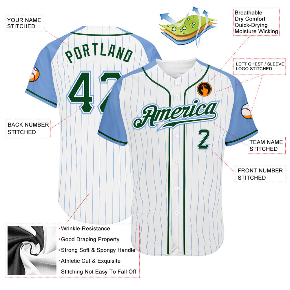 Custom White Light Blue Pinstripe Green-Light Blue Authentic Raglan Sleeves Baseball Jersey baseball jersey product view 3