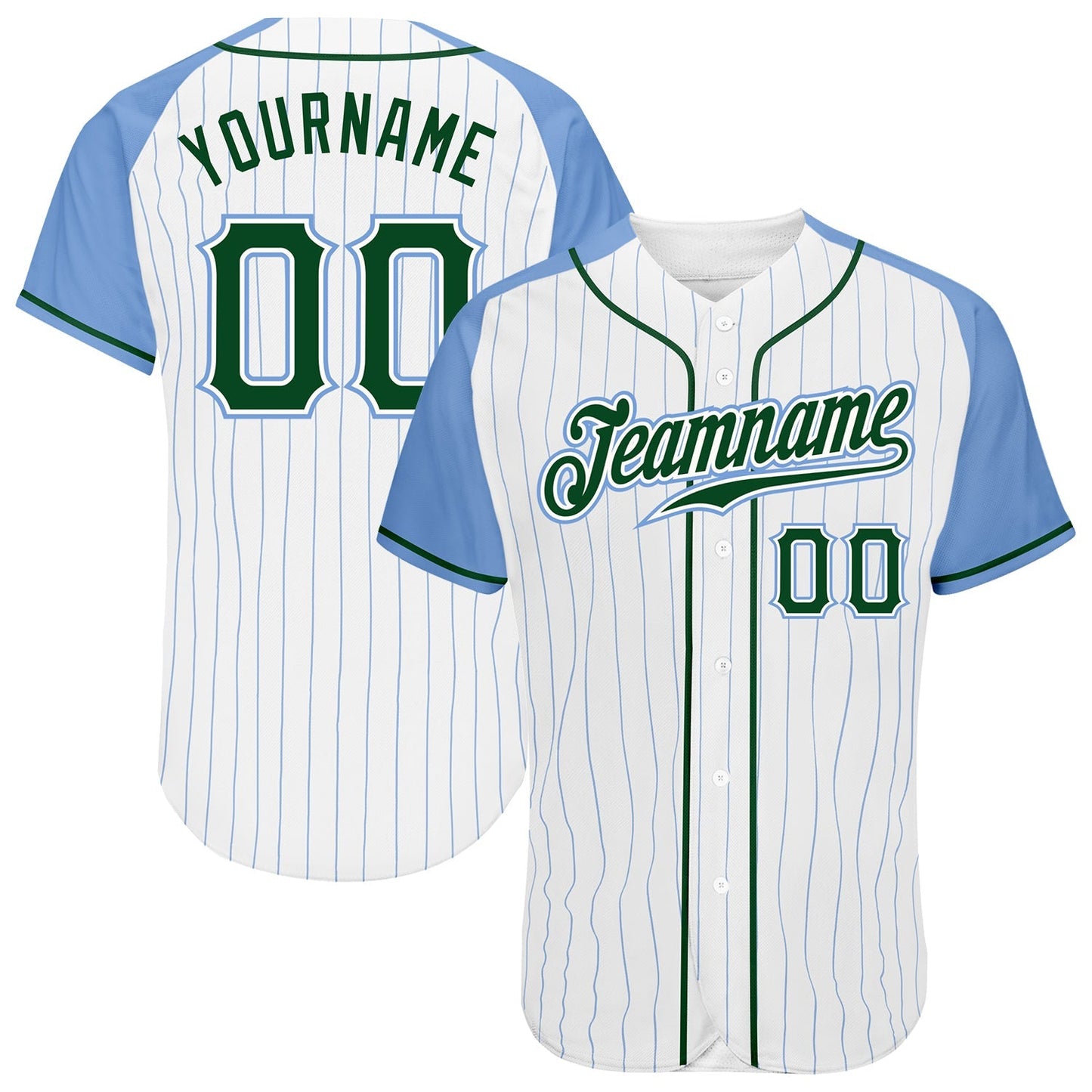 Custom White Light Blue Pinstripe Green-Light Blue Authentic Raglan Sleeves Baseball Jersey baseball jersey product view 1