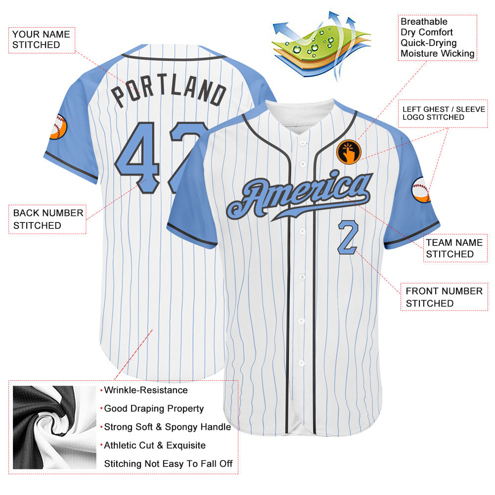 Custom White Light Blue Pinstripe Light Blue-Steel Gray Authentic Father's Day Raglan Sleeves Baseball Jersey baseball jersey product view 3