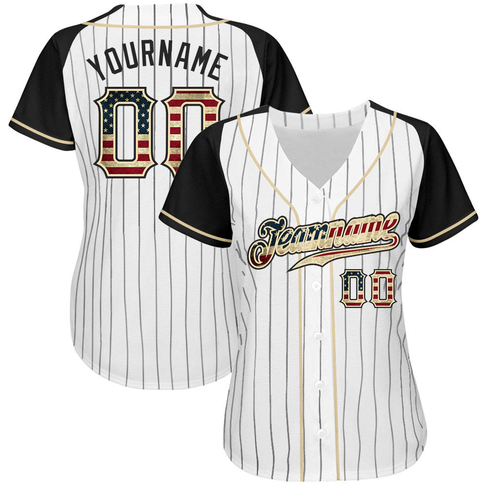 Custom White Black Pinstripe Vintage USA Flag-Black Authentic Raglan Sleeves Baseball Jersey baseball jersey product view 2