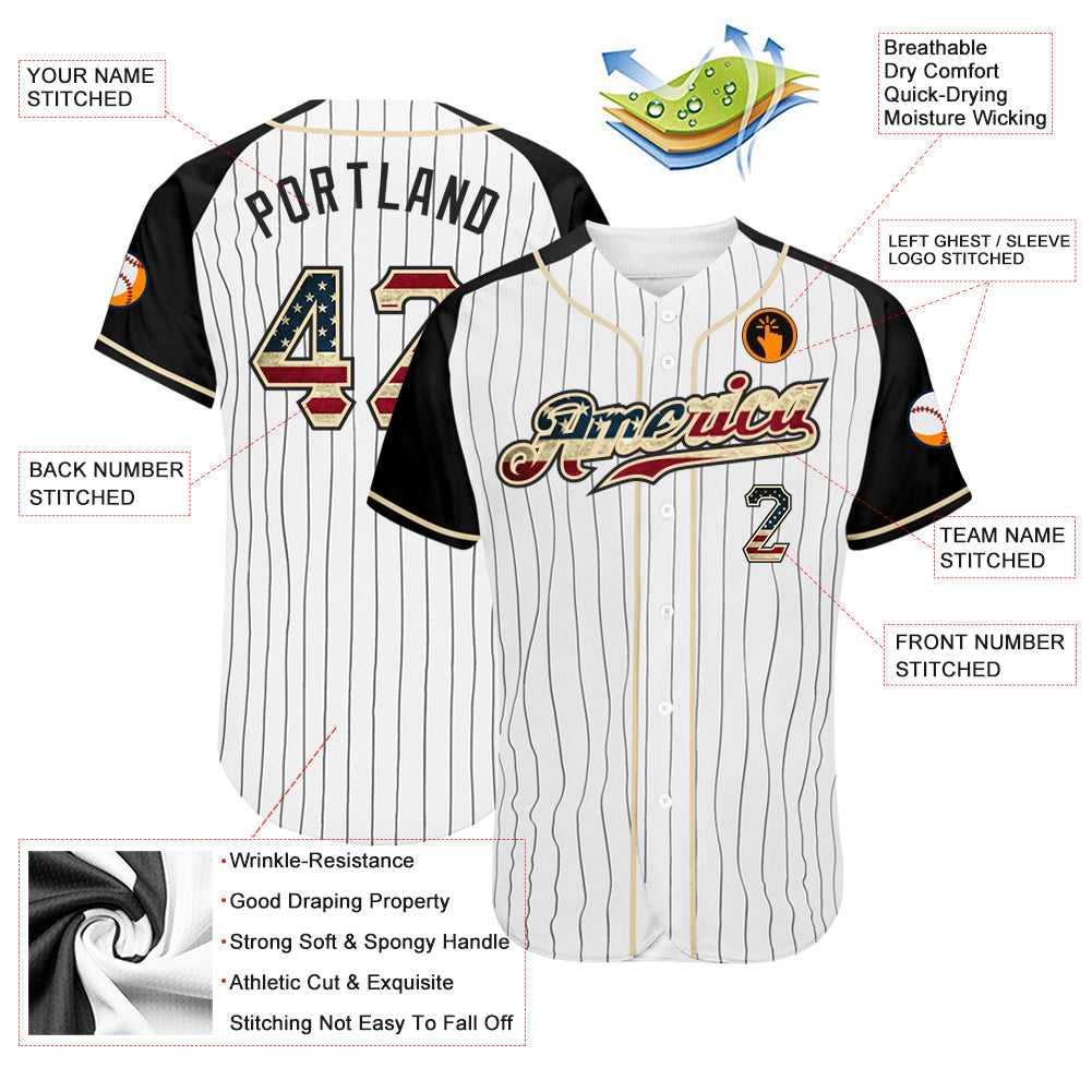 Custom White Black Pinstripe Vintage USA Flag-Black Authentic Raglan Sleeves Baseball Jersey baseball jersey product view 3