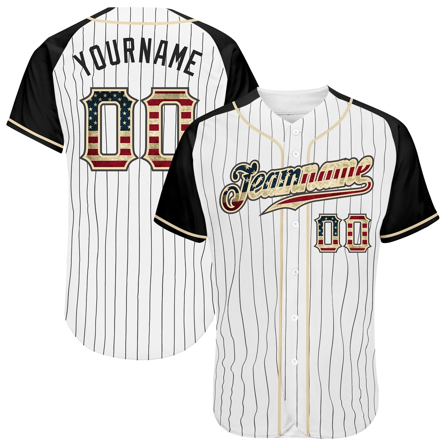 Custom White Black Pinstripe Vintage USA Flag-Black Authentic Raglan Sleeves Baseball Jersey baseball jersey product view 1