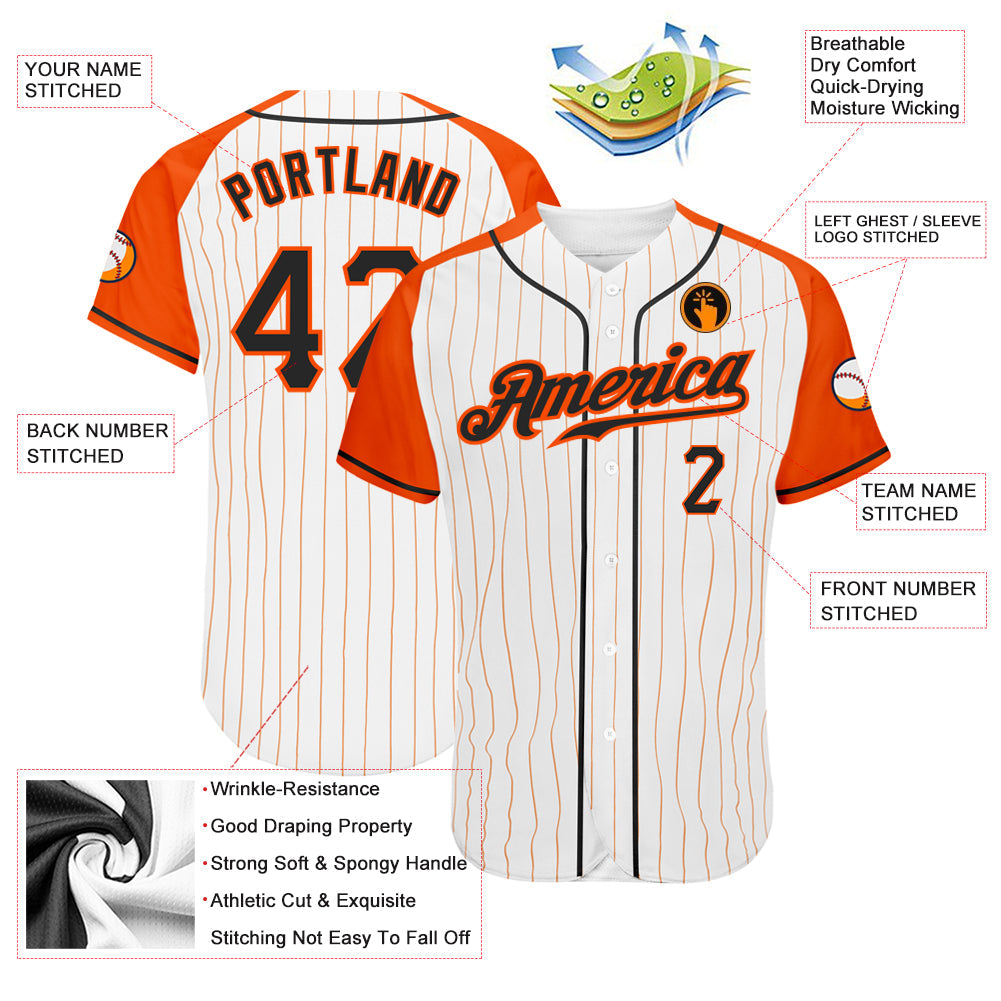 Custom White Orange Pinstripe Black-Orange Authentic Raglan Sleeves Baseball Jersey baseball jersey product view 3