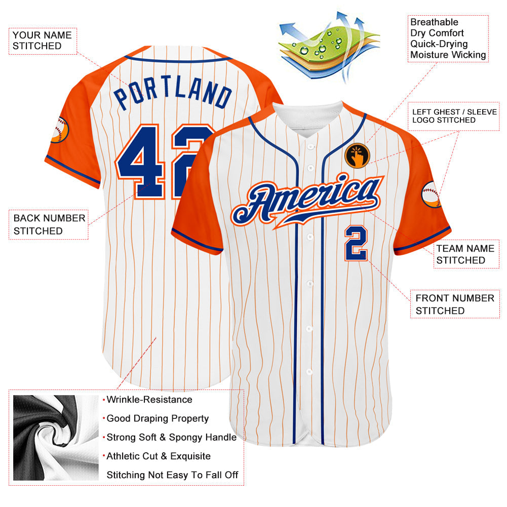 Custom White Orange Pinstripe Royal-Orange Authentic Raglan Sleeves Baseball Jersey baseball jersey product view 3