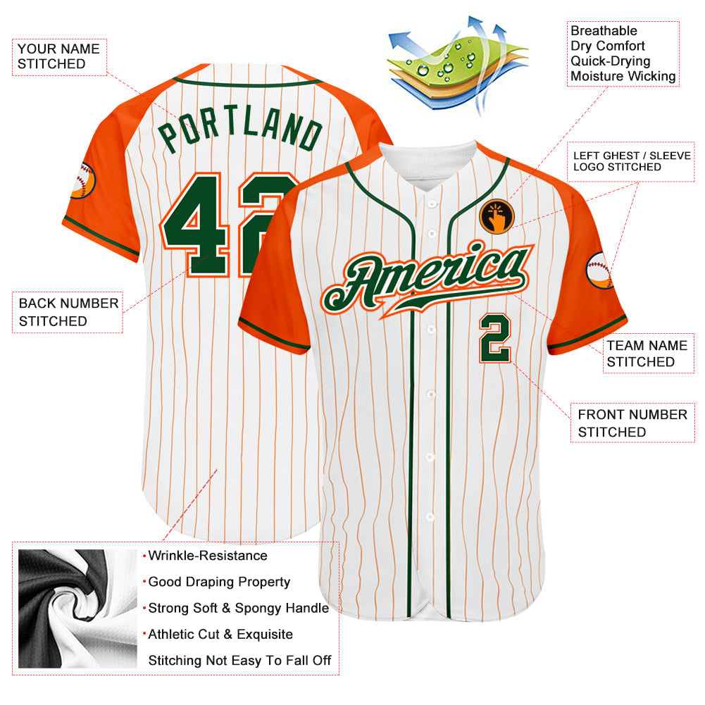 Custom White Orange Pinstripe Green-Orange Authentic Raglan Sleeves Baseball Jersey baseball jersey product view 3