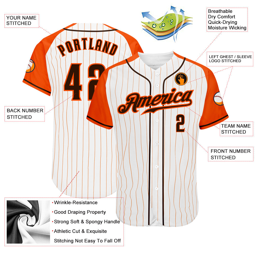 Custom White Orange Pinstripe Brown-Orange Authentic Raglan Sleeves Baseball Jersey baseball jersey product view 3