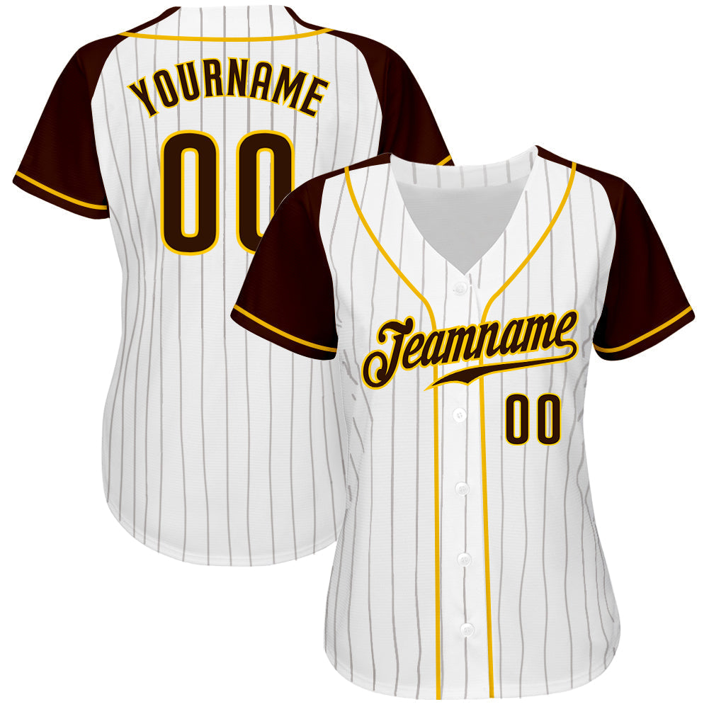 Custom White Brown Pinstripe Brown-Gold Authentic Raglan Sleeves Baseball Jersey baseball jersey product view 2