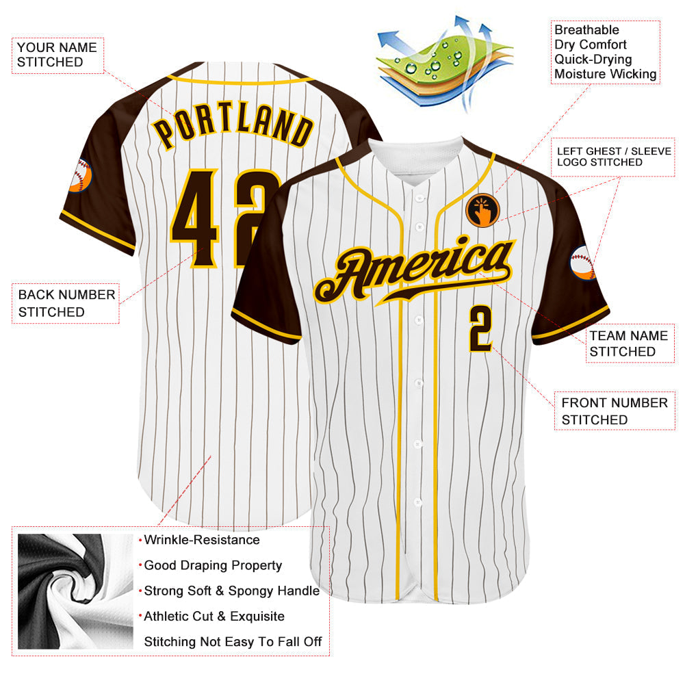 Custom White Brown Pinstripe Brown-Gold Authentic Raglan Sleeves Baseball Jersey baseball jersey product view 3