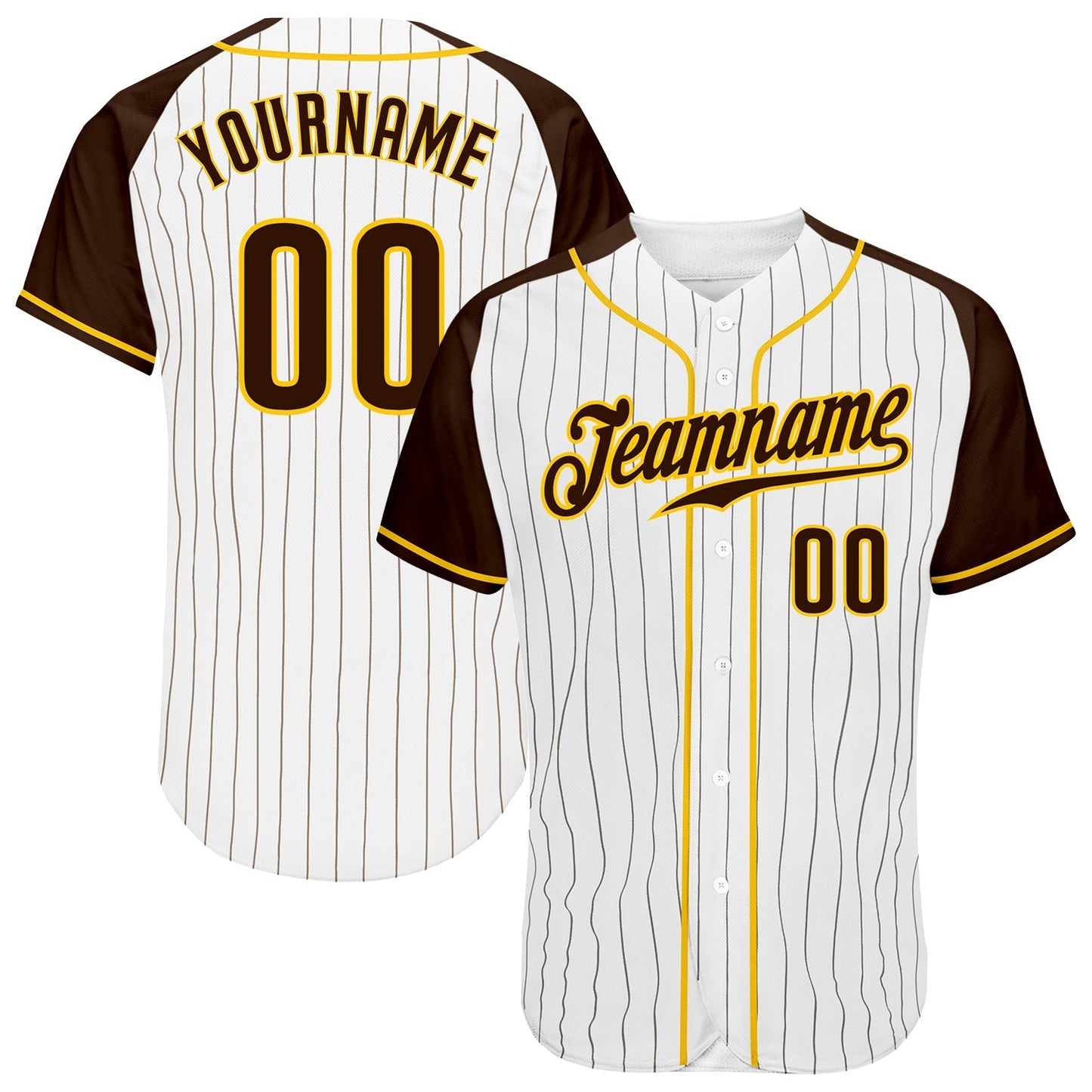 Custom White Brown Pinstripe Brown-Gold Authentic Raglan Sleeves Baseball Jersey baseball jersey product view 1