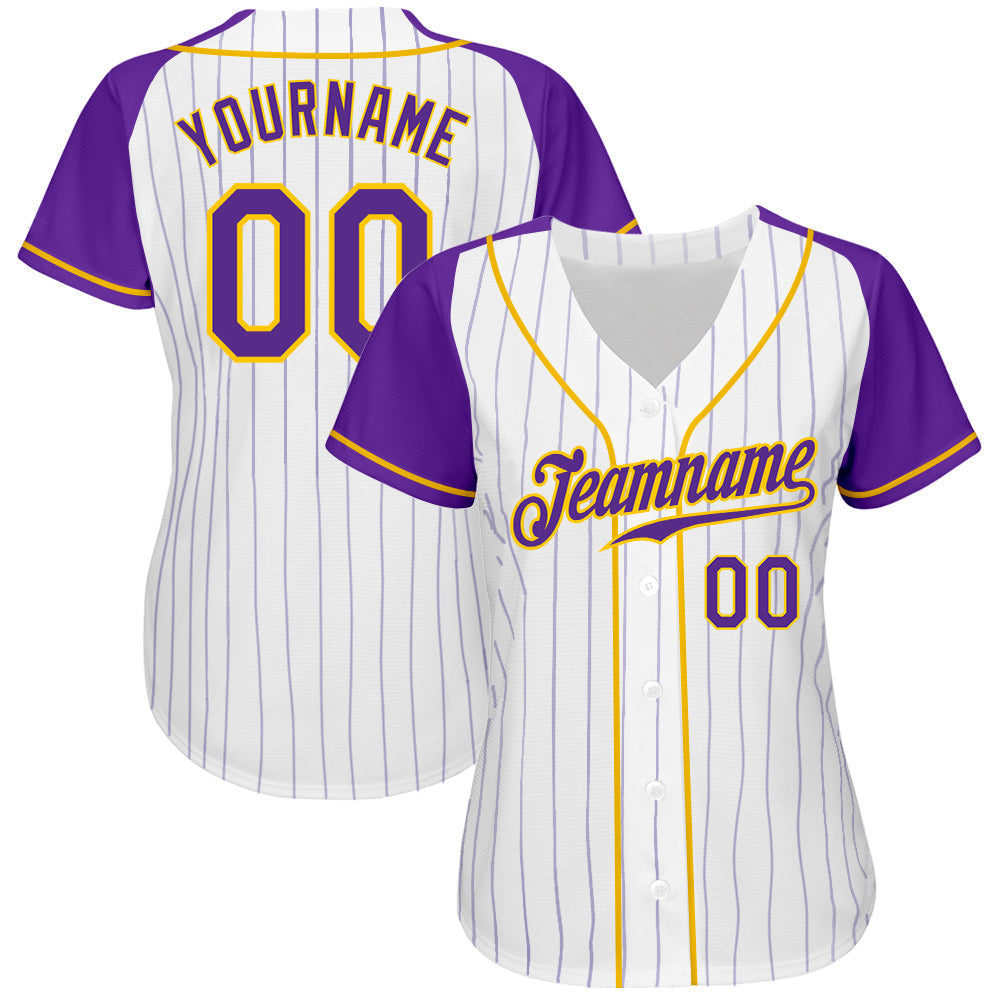 Custom White Purple Pinstripe Purple-Gold Authentic Raglan Sleeves Baseball Jersey baseball jersey product view 2