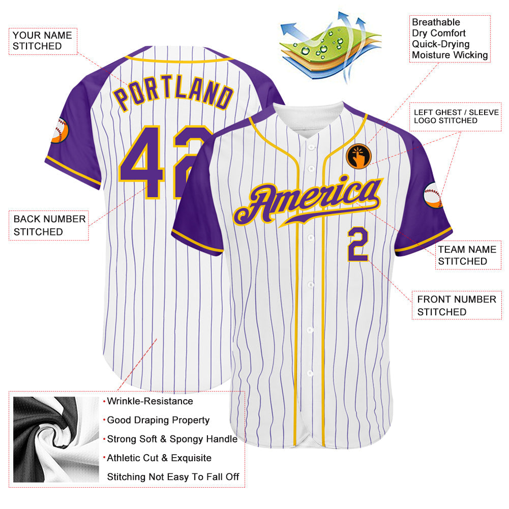 Custom White Purple Pinstripe Purple-Gold Authentic Raglan Sleeves Baseball Jersey baseball jersey product view 3