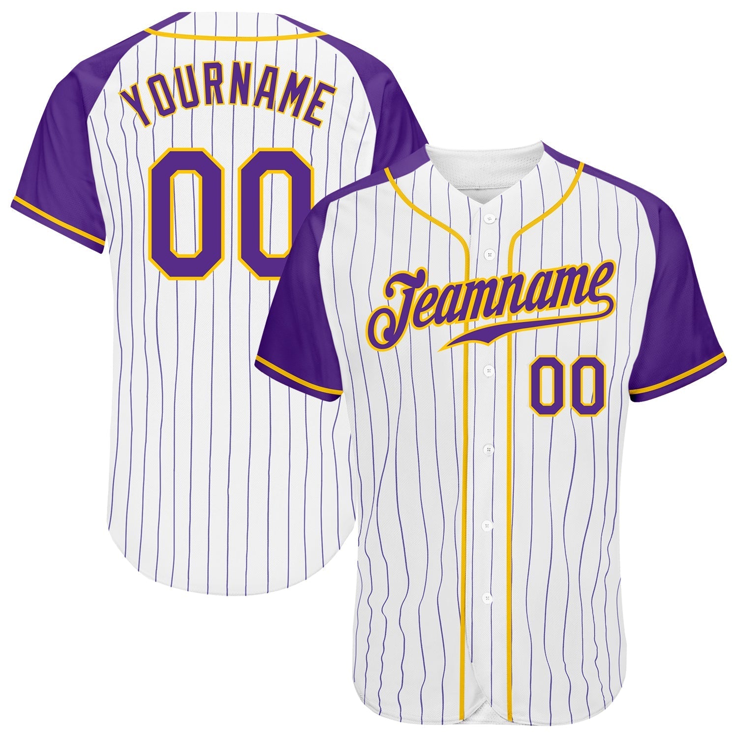 Custom White Purple Pinstripe Purple-Gold Authentic Raglan Sleeves Baseball Jersey baseball jersey product view 1