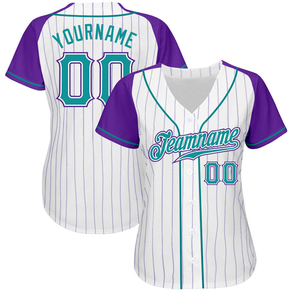 Custom White Purple Pinstripe Teal-Purple Authentic Raglan Sleeves Baseball Jersey baseball jersey product view 2