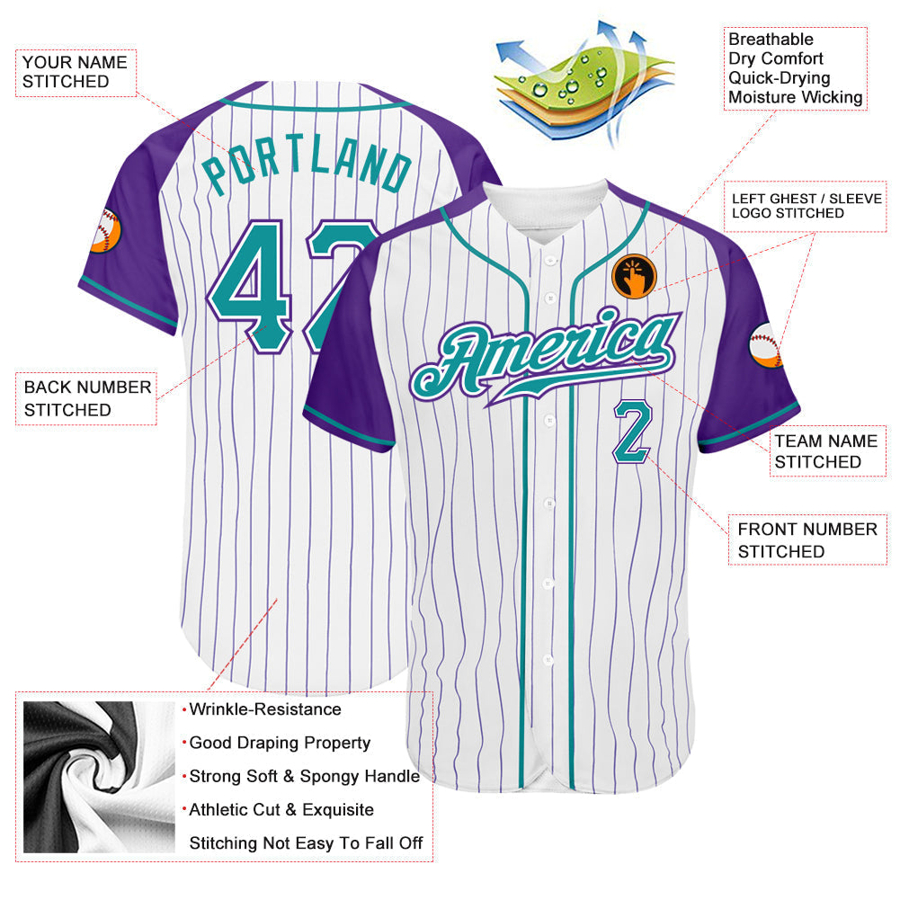 Custom White Purple Pinstripe Teal-Purple Authentic Raglan Sleeves Baseball Jersey baseball jersey product view 3