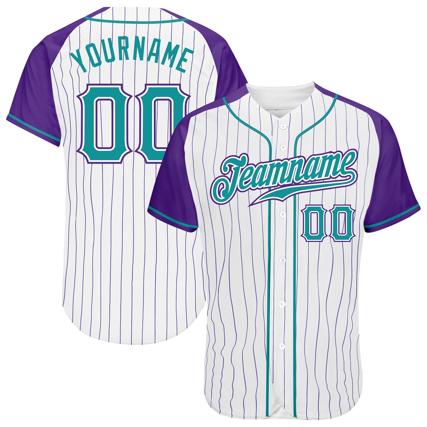 Custom White Purple Pinstripe Teal-Purple Authentic Raglan Sleeves Baseball Jersey baseball jersey product view 1