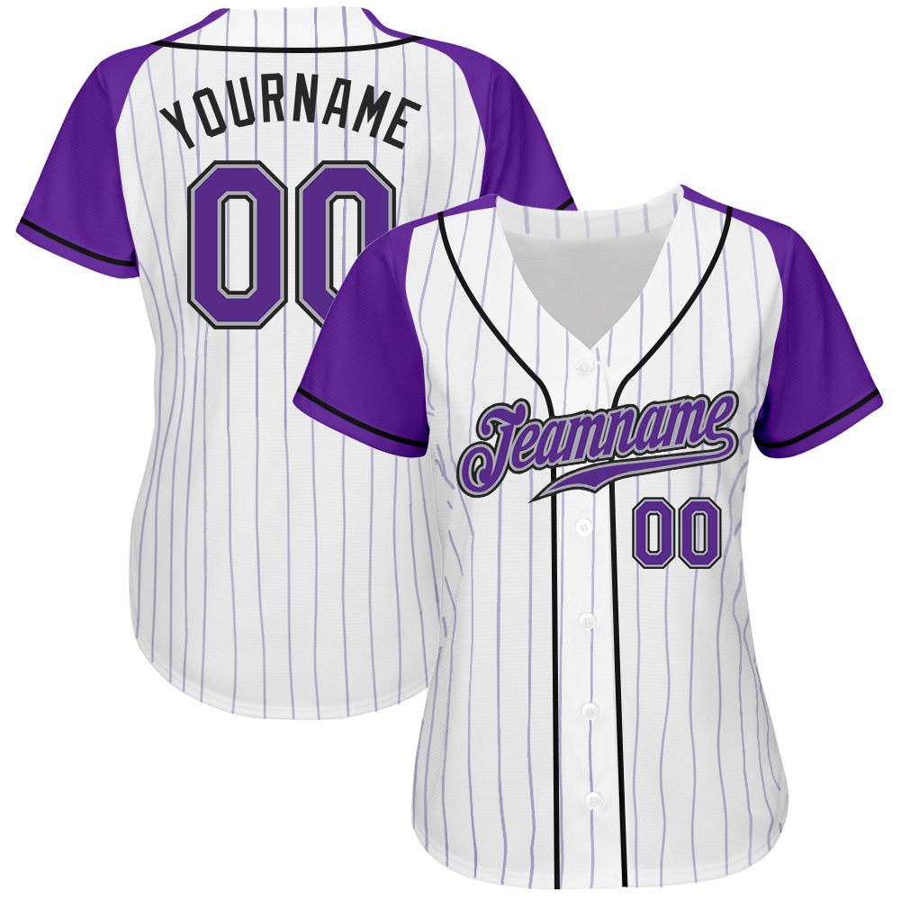 Custom White Purple Pinstripe Purple-Gray Authentic Raglan Sleeves Baseball Jersey baseball jersey product view 2