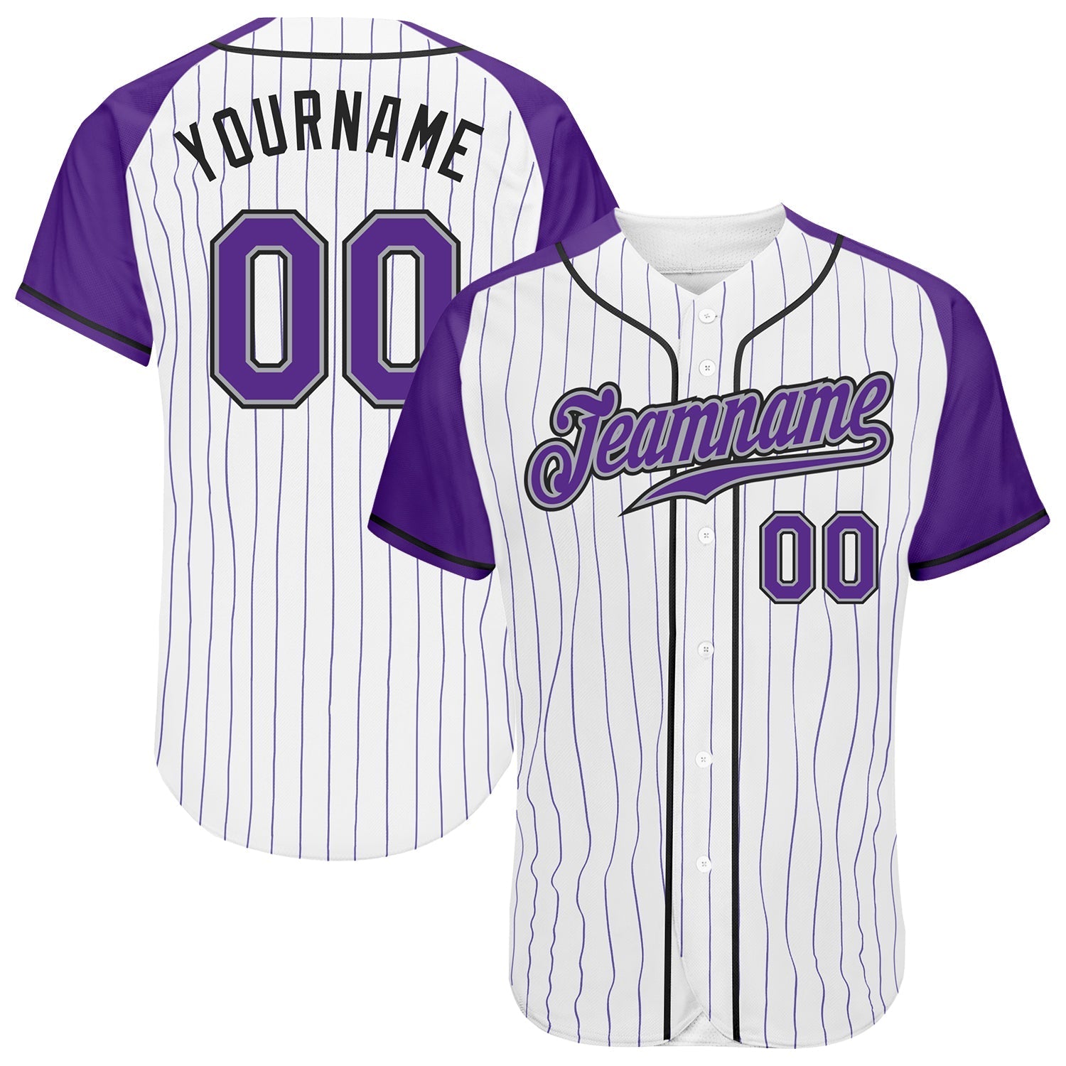 Custom White Purple Pinstripe Purple-Gray Authentic Raglan Sleeves Baseball Jersey baseball jersey product view 1