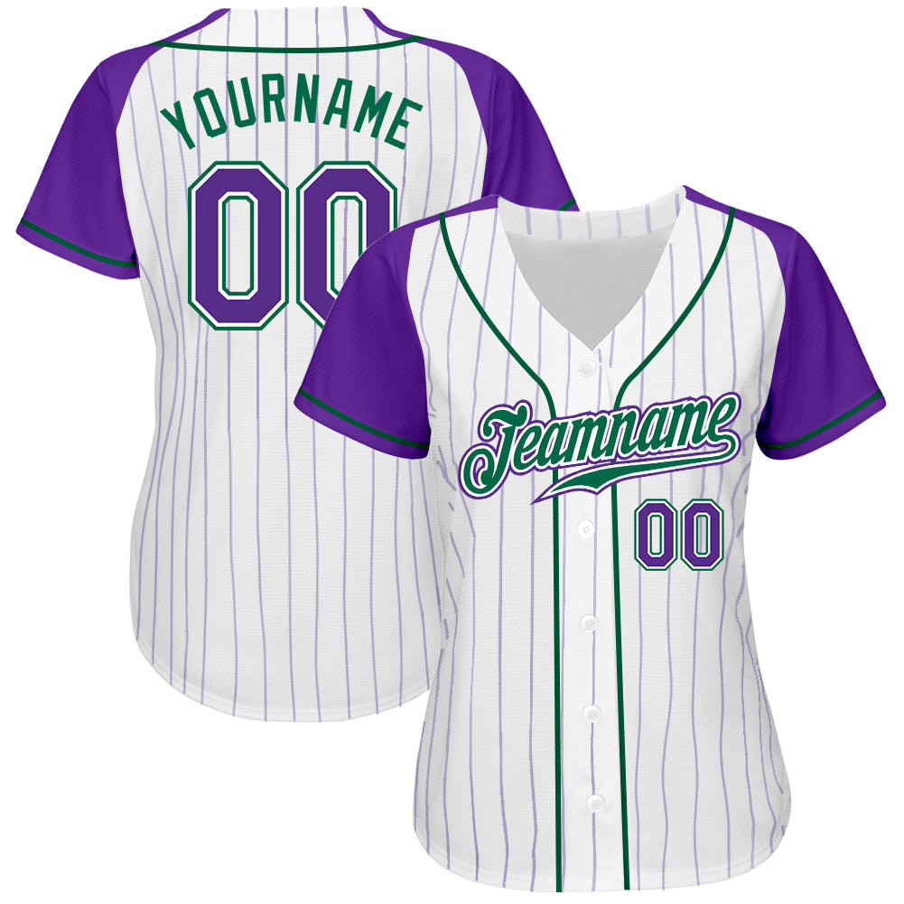 Custom White Purple Pinstripe Purple-Kelly Green Authentic Raglan Sleeves Baseball Jersey baseball jersey product view 2
