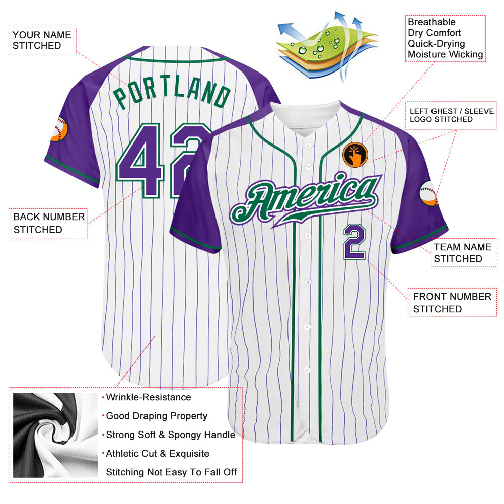 Custom White Purple Pinstripe Purple-Kelly Green Authentic Raglan Sleeves Baseball Jersey baseball jersey product view 3
