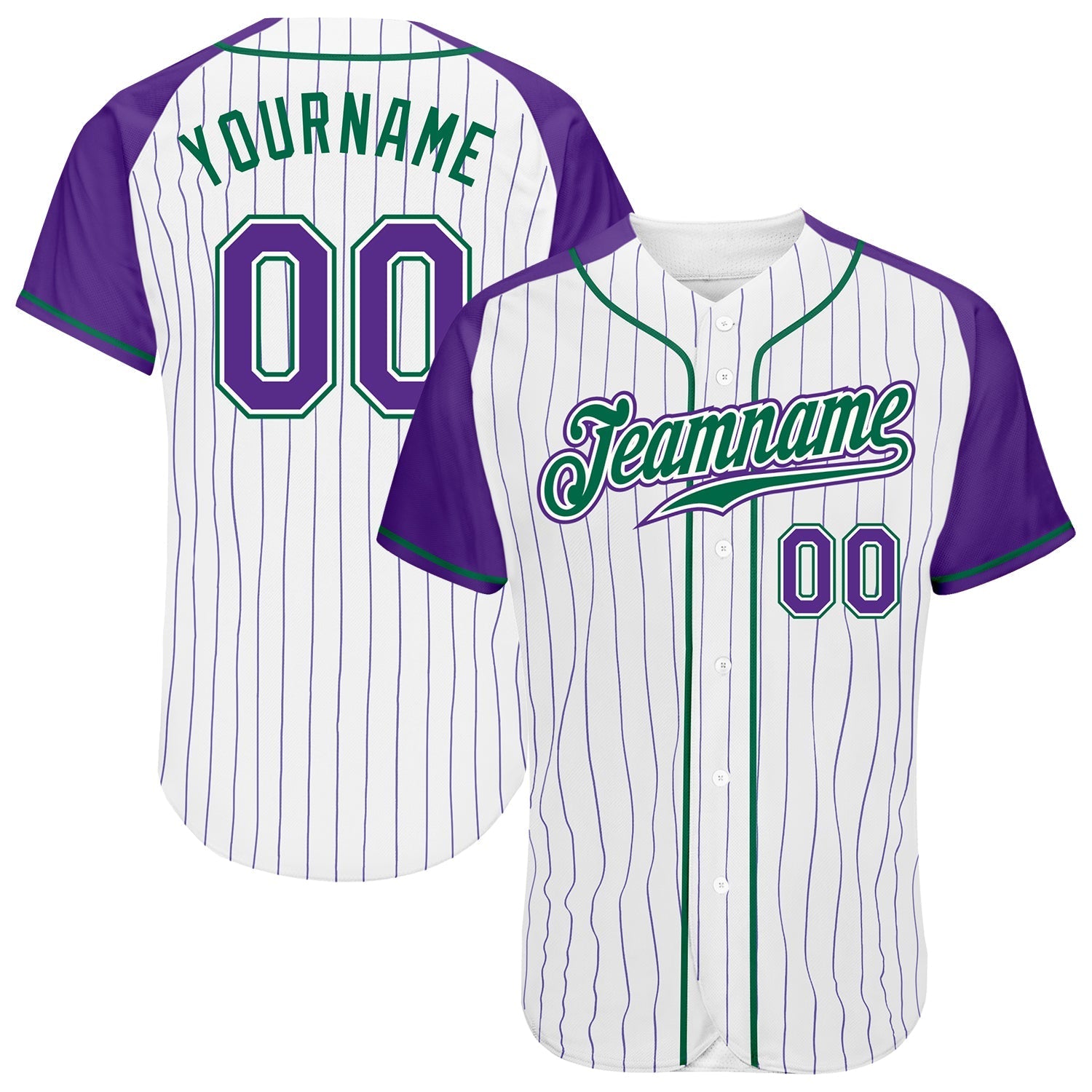 Custom White Purple Pinstripe Purple-Kelly Green Authentic Raglan Sleeves Baseball Jersey baseball jersey product view 1