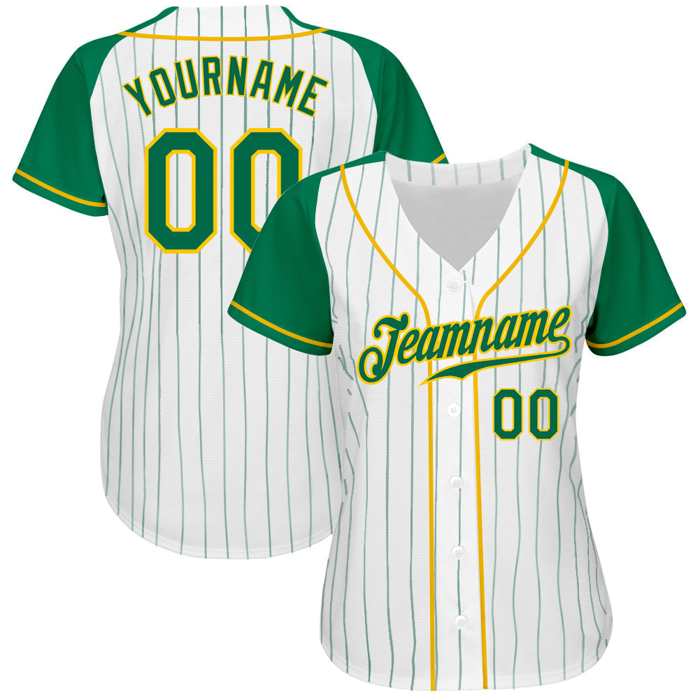 Custom White Kelly Green Pinstripe Kelly Green-Gold Authentic Raglan Sleeves Baseball Jersey baseball jersey product view 3
