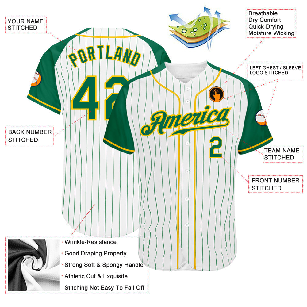 Custom White Kelly Green Pinstripe Kelly Green-Gold Authentic Raglan Sleeves Baseball Jersey baseball jersey product view 4