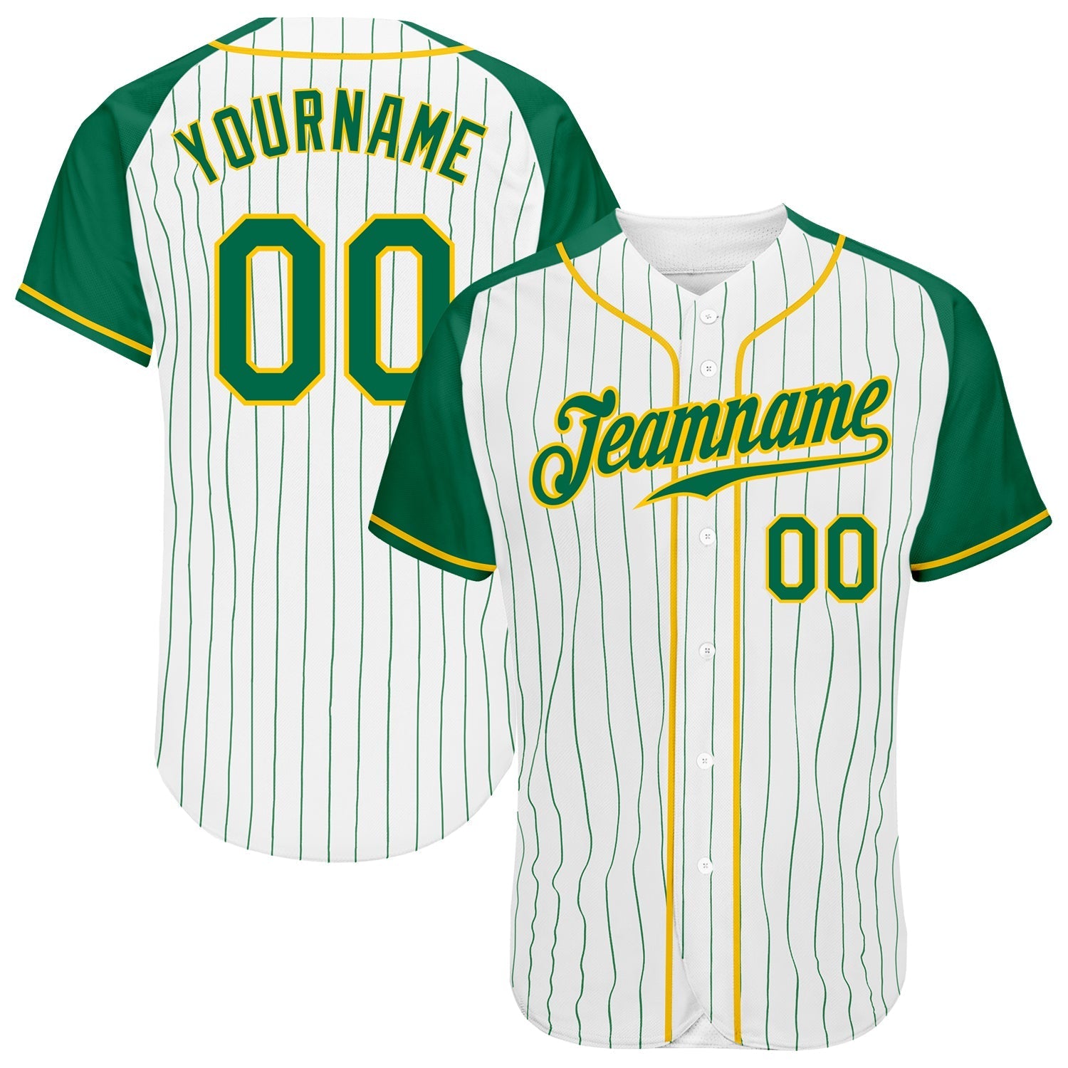 Custom White Kelly Green Pinstripe Kelly Green-Gold Authentic Raglan Sleeves Baseball Jersey baseball jersey product view 1