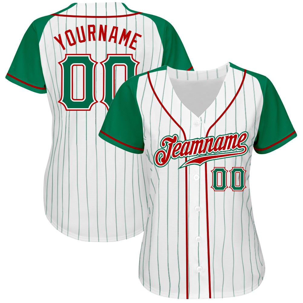 Custom White Kelly Green Pinstripe Kelly Green-Red Authentic Raglan Sleeves Baseball Jersey baseball jersey product view 2