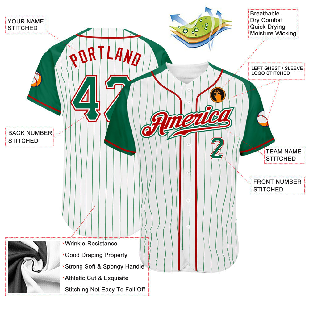 Custom White Kelly Green Pinstripe Kelly Green-Red Authentic Raglan Sleeves Baseball Jersey baseball jersey product view 3