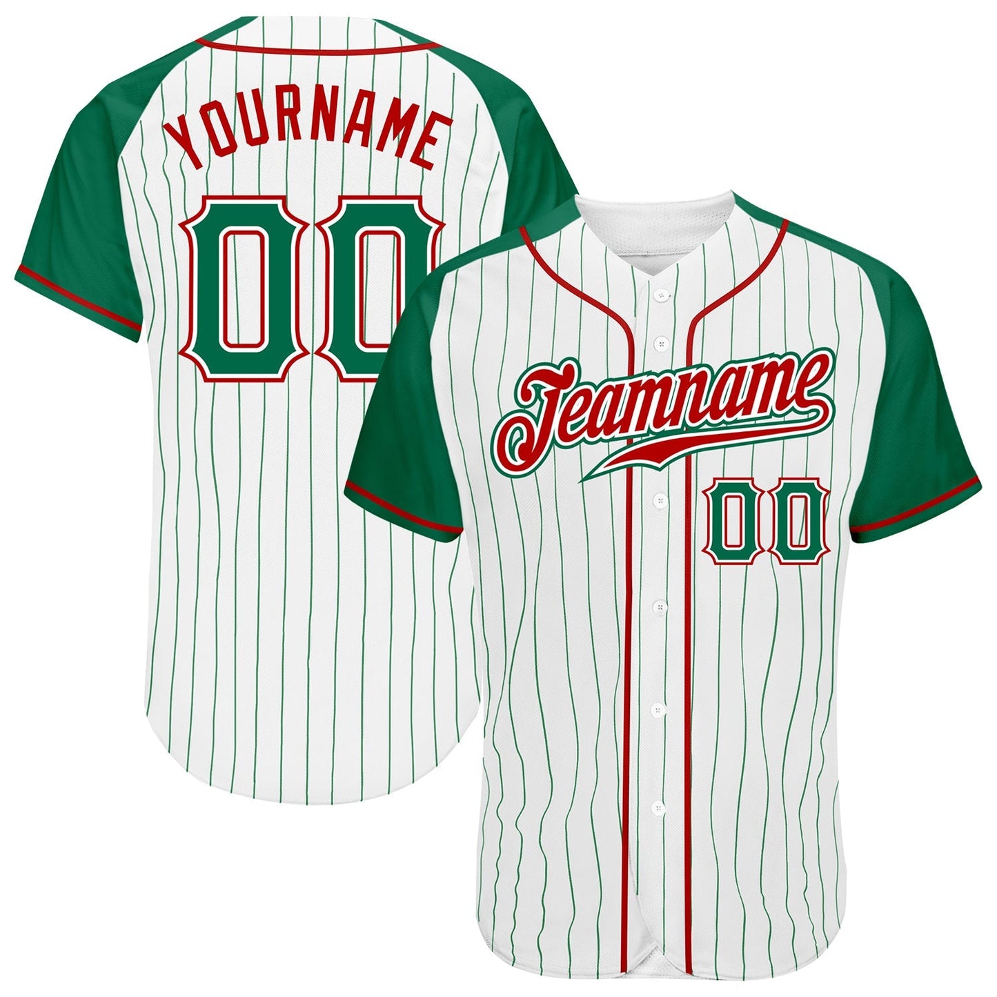 Custom White Kelly Green Pinstripe Kelly Green-Red Authentic Raglan Sleeves Baseball Jersey baseball jersey product view 1