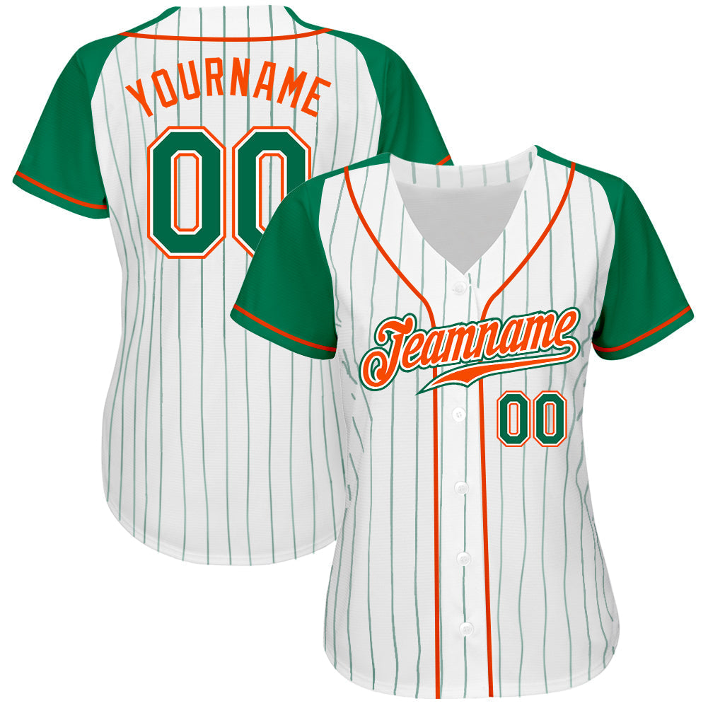 Custom White Kelly Green Pinstripe Kelly Green-Orange Authentic Raglan Sleeves Baseball Jersey baseball jersey product view 2