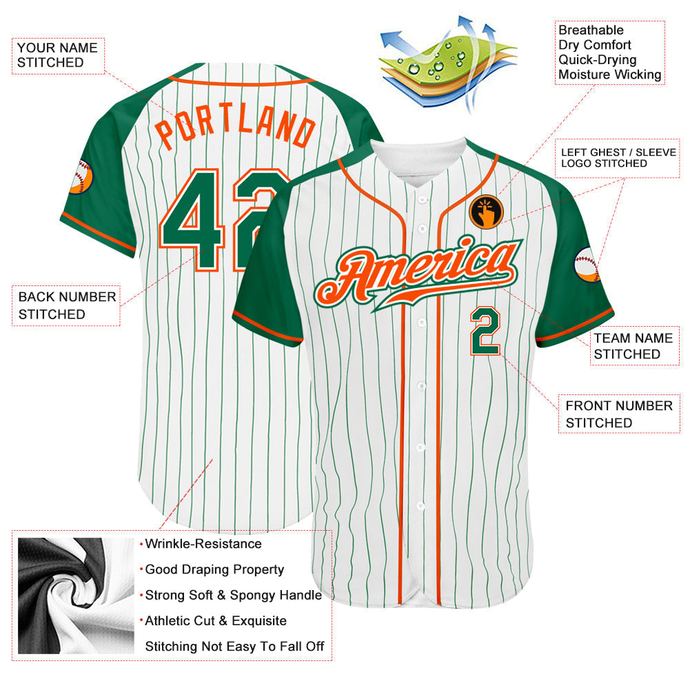 Custom White Kelly Green Pinstripe Kelly Green-Orange Authentic Raglan Sleeves Baseball Jersey baseball jersey product view 3