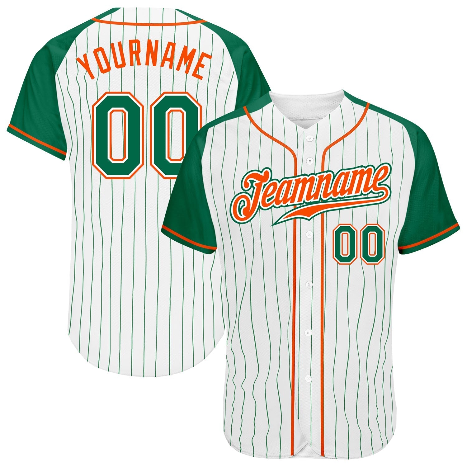 Custom White Kelly Green Pinstripe Kelly Green-Orange Authentic Raglan Sleeves Baseball Jersey baseball jersey product view 1