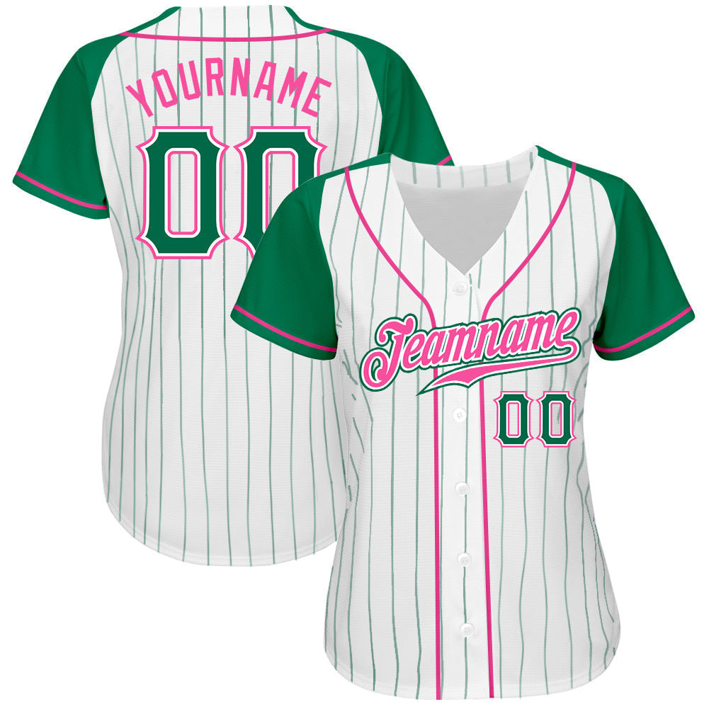 Custom White Kelly Green Pinstripe Kelly Green-Pink Authentic Raglan Sleeves Baseball Jersey baseball jersey product view 2
