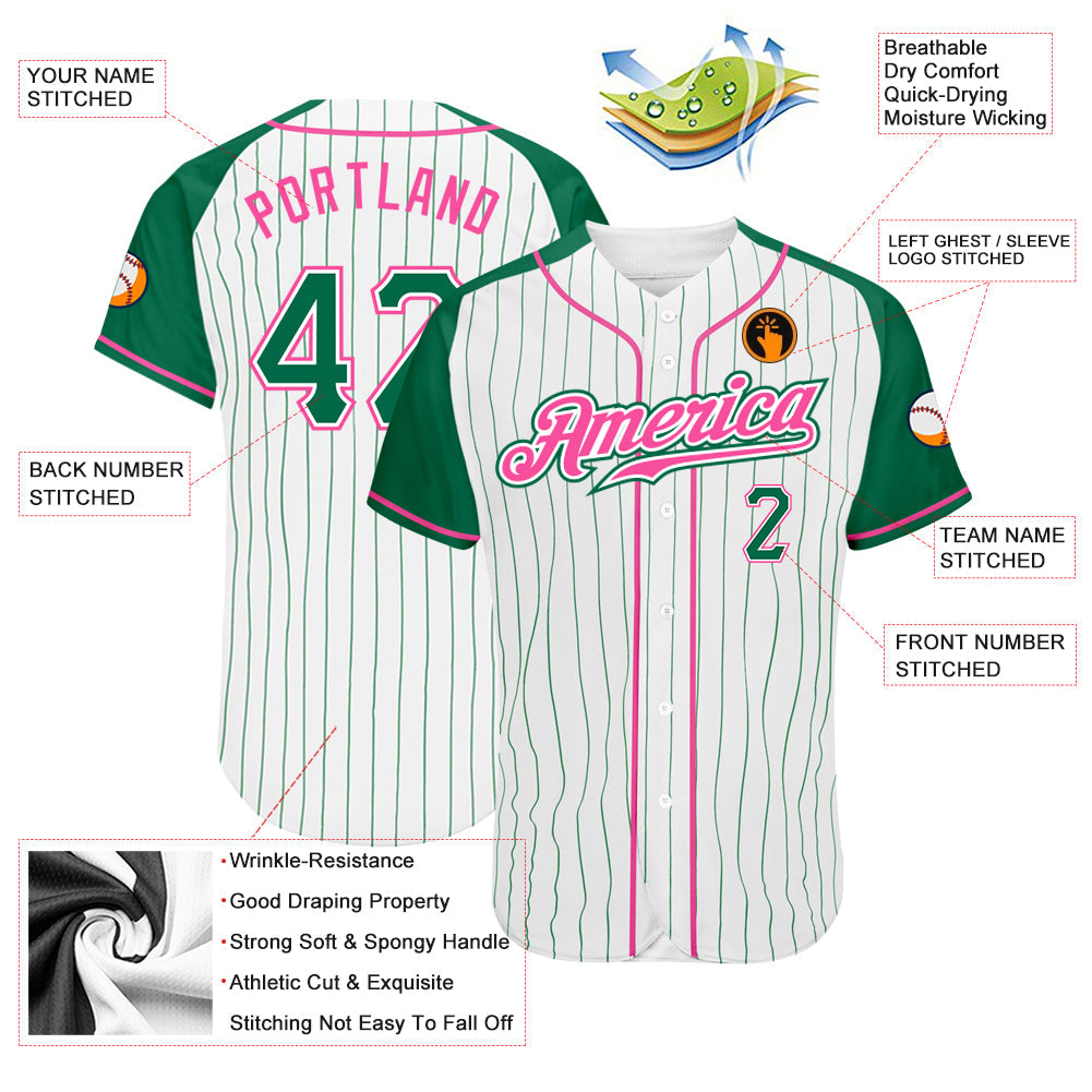 Custom White Kelly Green Pinstripe Kelly Green-Pink Authentic Raglan Sleeves Baseball Jersey baseball jersey product view 3
