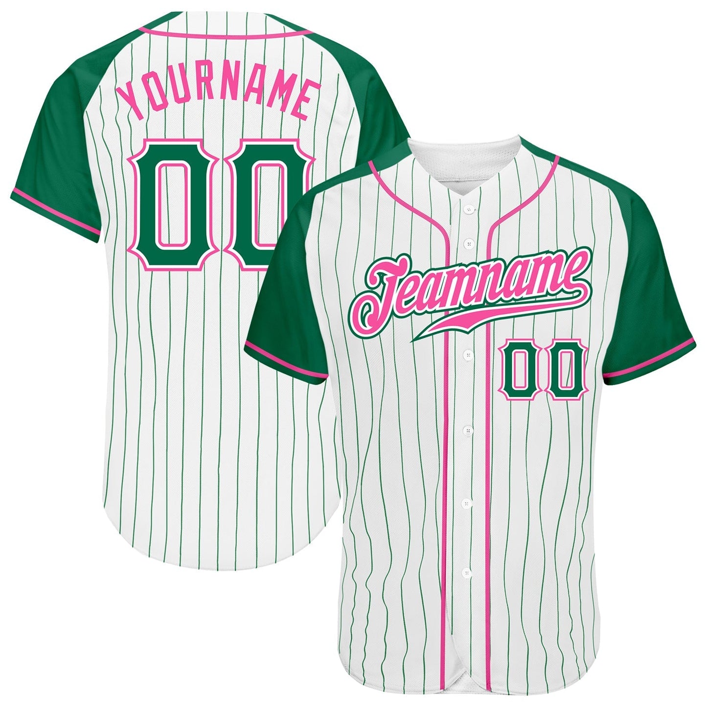 Custom White Kelly Green Pinstripe Kelly Green-Pink Authentic Raglan Sleeves Baseball Jersey baseball jersey product view 1
