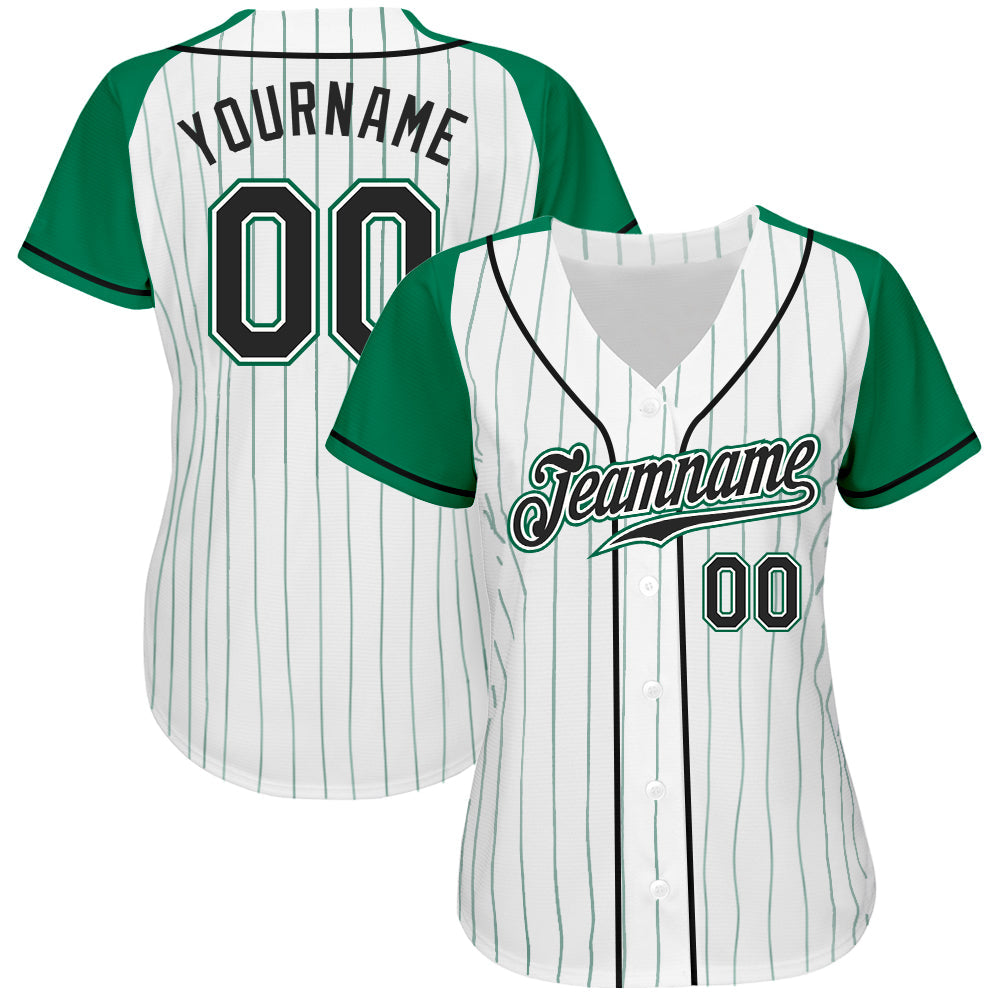 Custom White Kelly Green Pinstripe Black-Kelly Green Authentic Raglan Sleeves Baseball Jersey baseball jersey product view 2