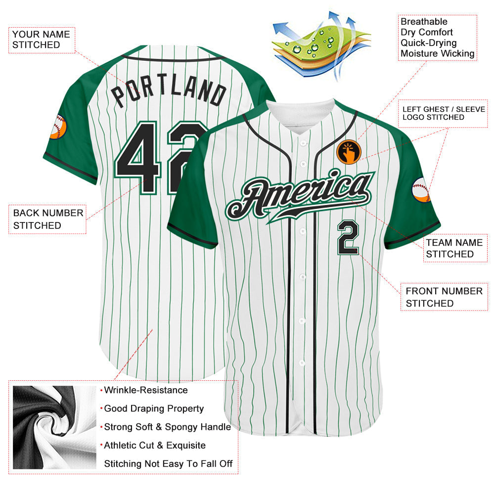 Custom White Kelly Green Pinstripe Black-Kelly Green Authentic Raglan Sleeves Baseball Jersey baseball jersey product view 3