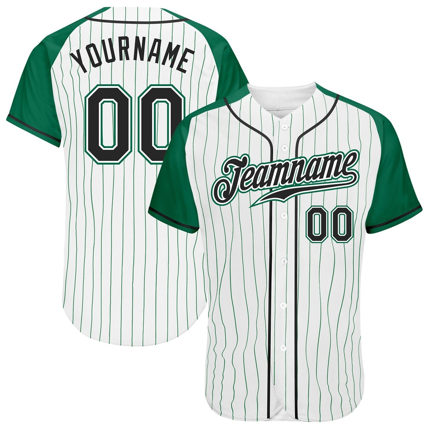 Custom White Kelly Green Pinstripe Black-Kelly Green Authentic Raglan Sleeves Baseball Jersey baseball jersey product view 1