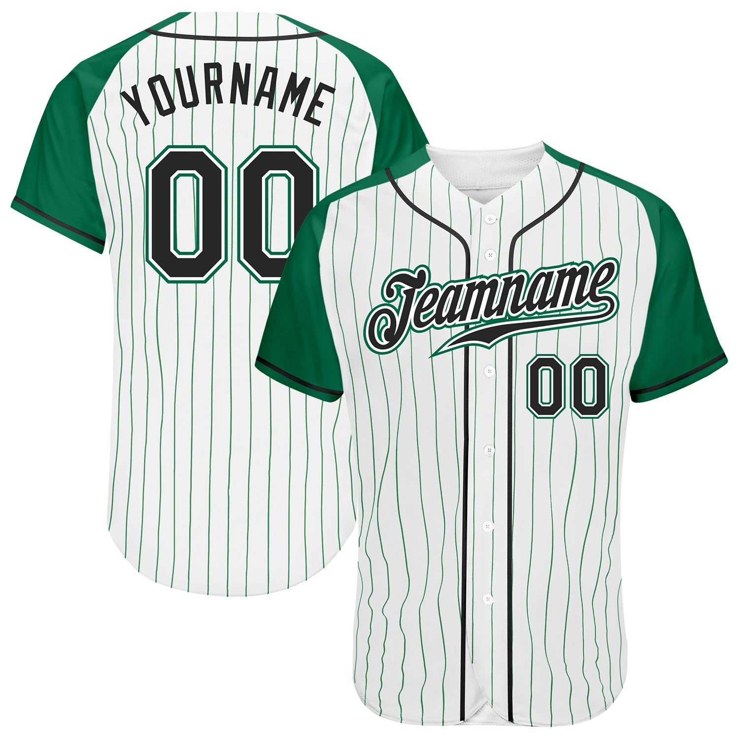Custom White Kelly Green Pinstripe Black-Kelly Green Authentic Raglan Sleeves Baseball Jersey baseball jersey product view 1