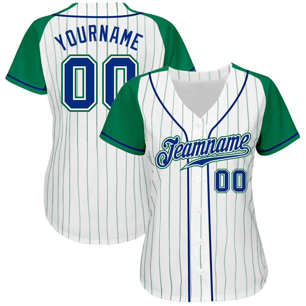 Custom White Kelly Green Pinstripe Royal-Kelly Green Authentic Raglan Sleeves Baseball Jersey baseball jersey product view 2