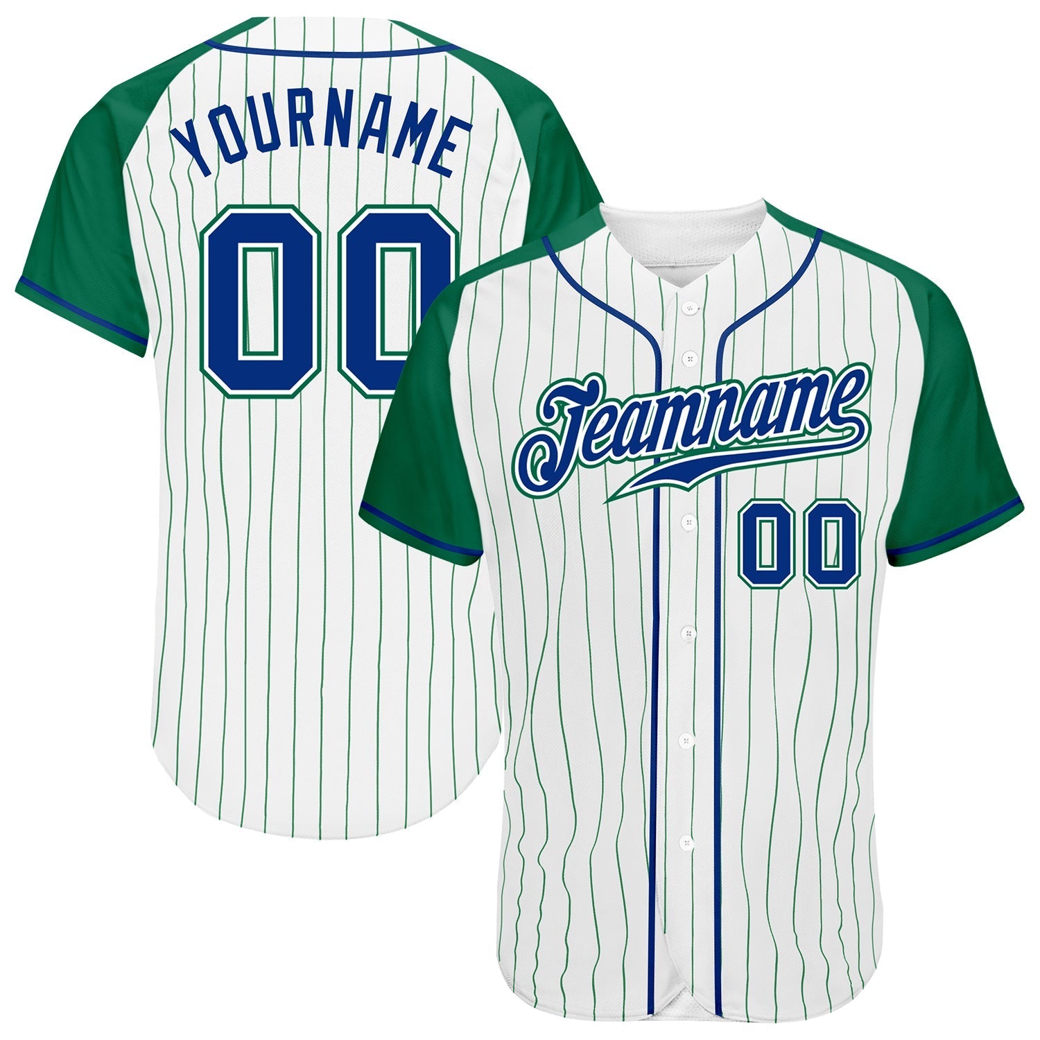 Custom White Kelly Green Pinstripe Royal-Kelly Green Authentic Raglan Sleeves Baseball Jersey baseball jersey product view 1