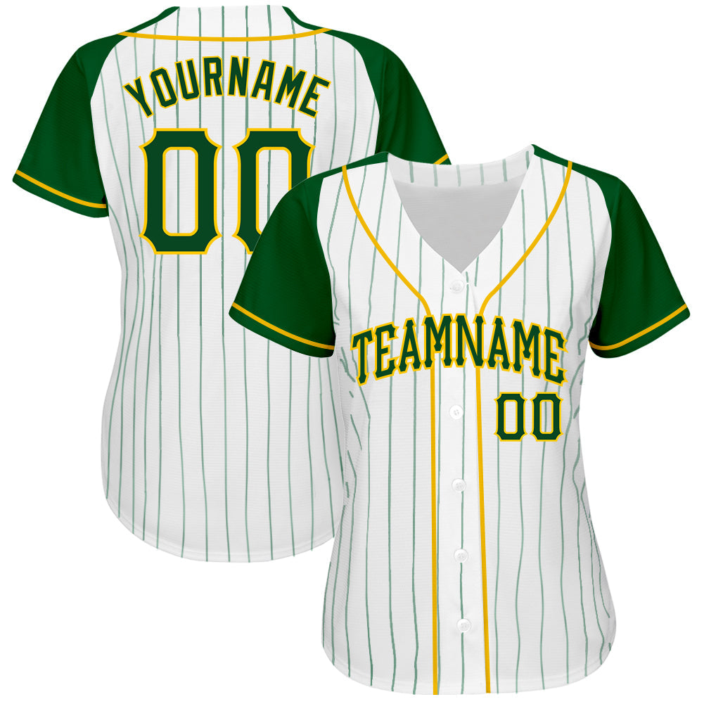 Custom White Green Pinstripe Green-Gold Authentic Raglan Sleeves Baseball Jersey baseball jersey product view 2