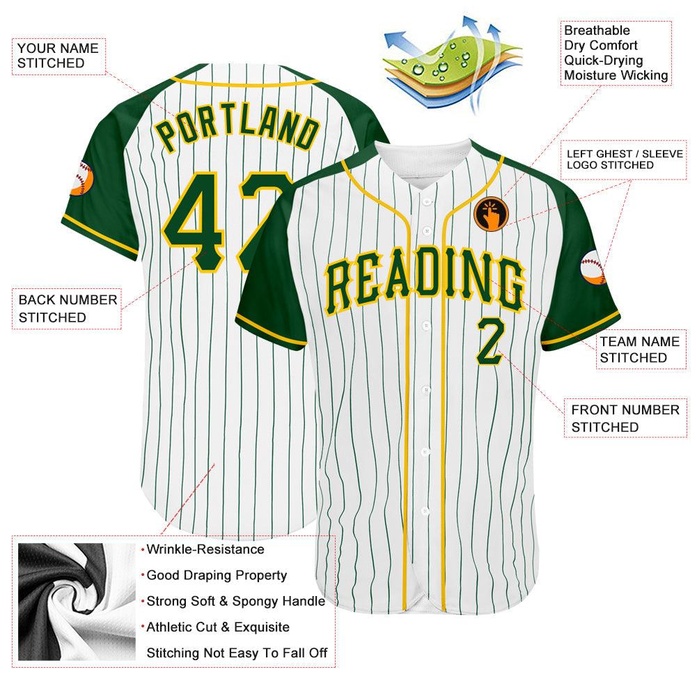 Custom White Green Pinstripe Green-Gold Authentic Raglan Sleeves Baseball Jersey baseball jersey product view 3