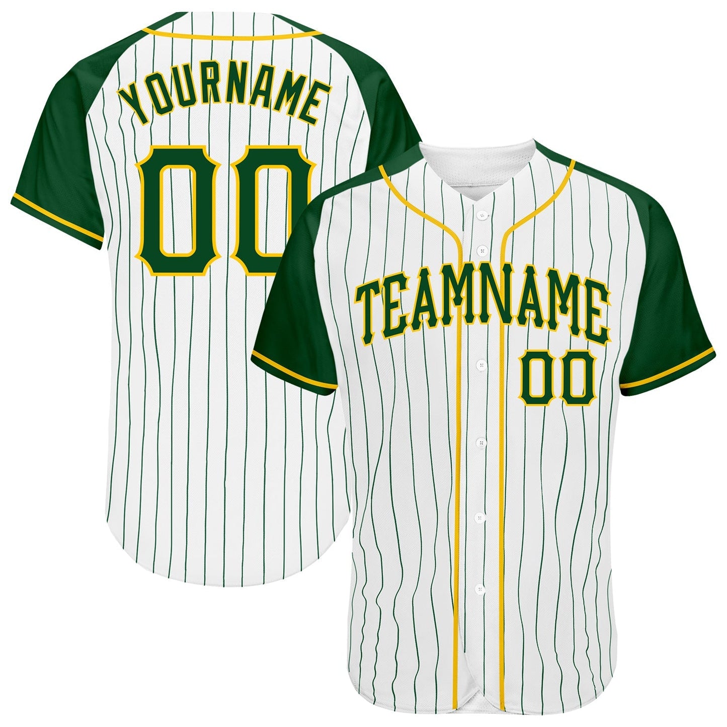 Custom White Green Pinstripe Green-Gold Authentic Raglan Sleeves Baseball Jersey baseball jersey product view 1