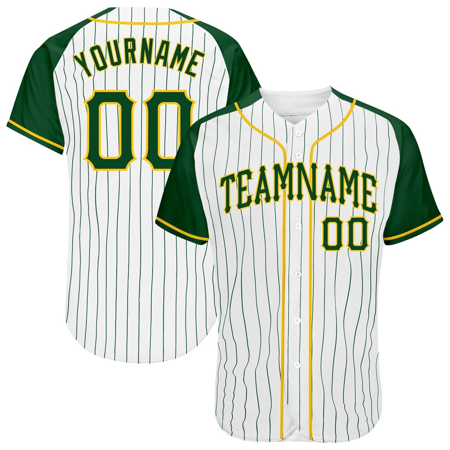 Custom White Green Pinstripe Green-Gold Authentic Raglan Sleeves Baseball Jersey baseball jersey product view 1