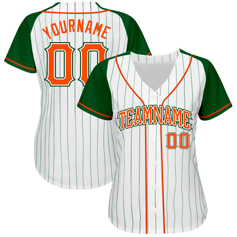Custom White Green Pinstripe Orange-Green Authentic Raglan Sleeves Baseball Jersey baseball jersey product view 2
