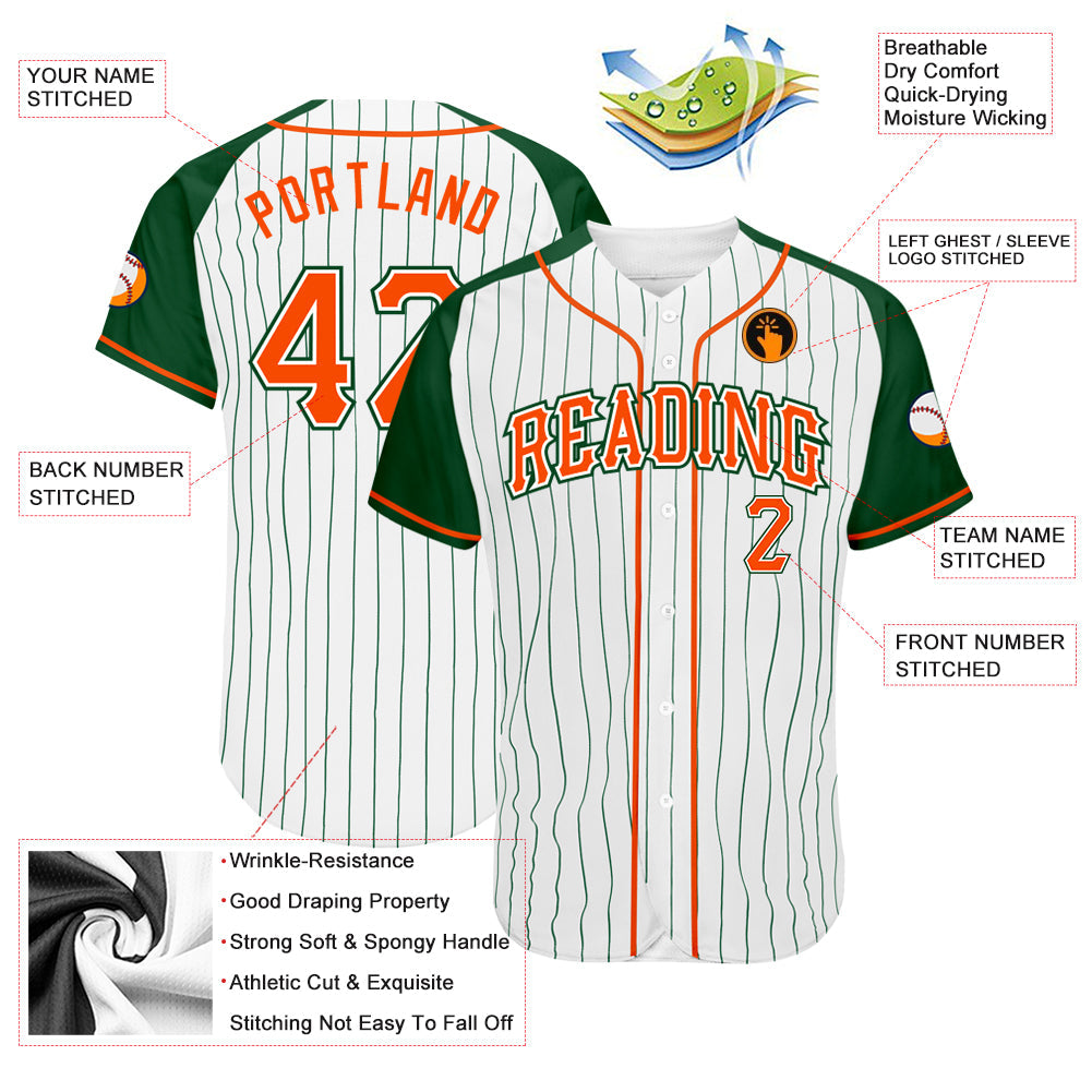 Custom White Green Pinstripe Orange-Green Authentic Raglan Sleeves Baseball Jersey baseball jersey product view 3