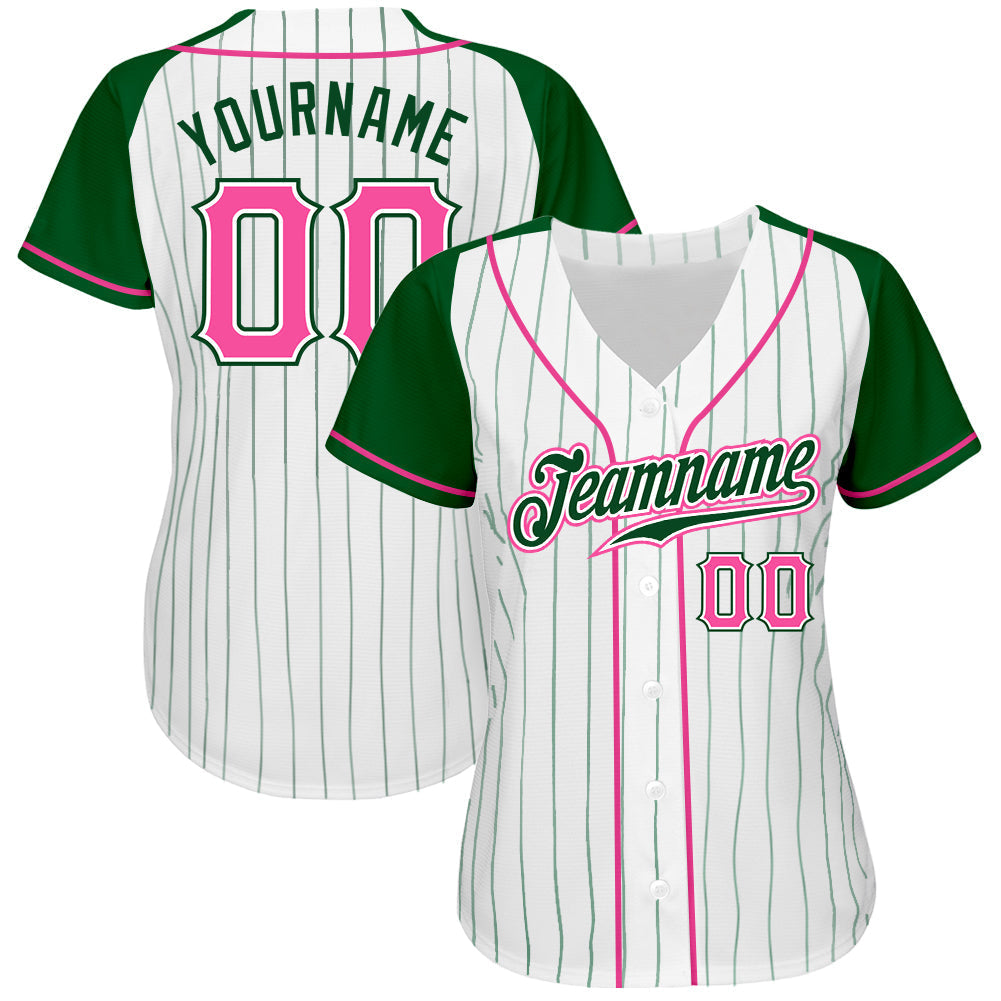 Custom White Green Pinstripe Pink-Green Authentic Raglan Sleeves Baseball Jersey baseball jersey product view 2