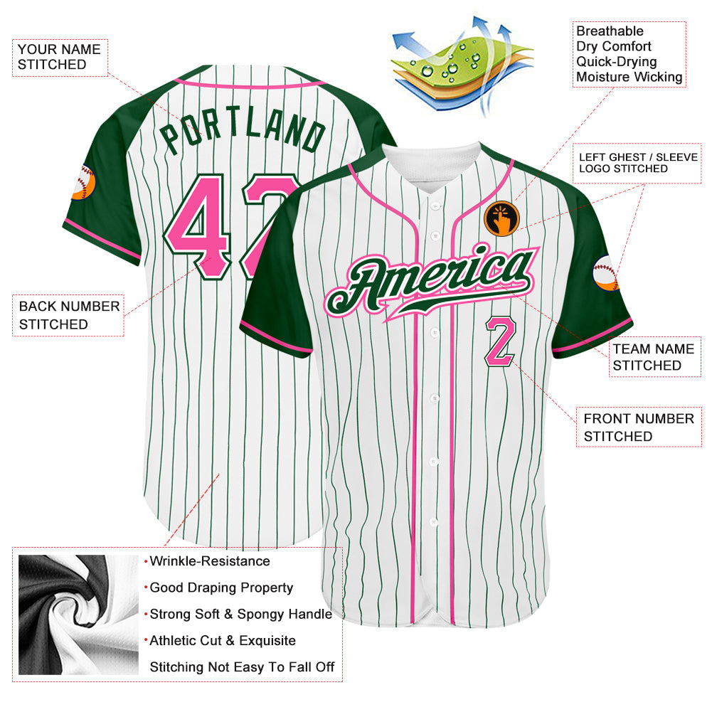 Custom White Green Pinstripe Pink-Green Authentic Raglan Sleeves Baseball Jersey baseball jersey product view 3